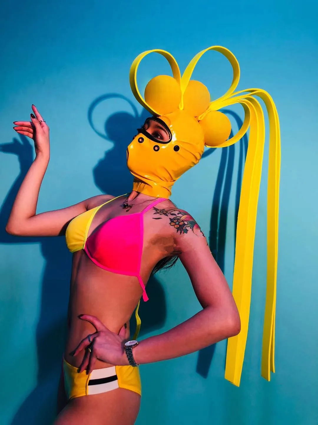 Women Masked Singer Stage Costume Colorful Striped PU Leather Bikini Jacket Leggings Mask Headgear Set Nightclub Dancer Clothes