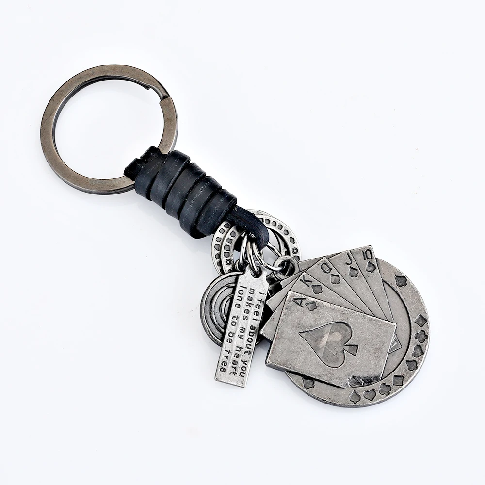 Poker  Keychain 2024 Trend Classical Hand-woven Leather Alloy Men's Small Jewelry Car Pendant Keychain Accessories