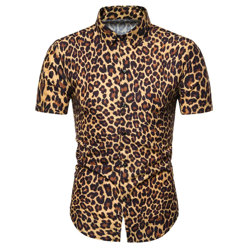 2021 Summer New Fashion Mens Leopard Printed Shirt Casual Button Shirts Men  Short Sleeve Sexy Streetwear Shirt