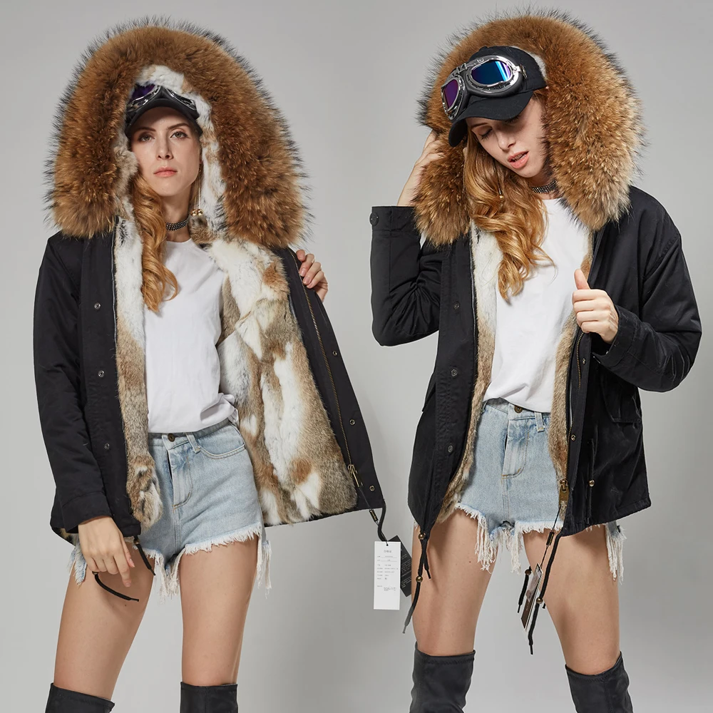 Maomaokong Winter Fashion Women's Clothing Big Raccoon Fur Collar Hooded Jacket Short Paragraph Detachable Rabbit Fur Lining Win