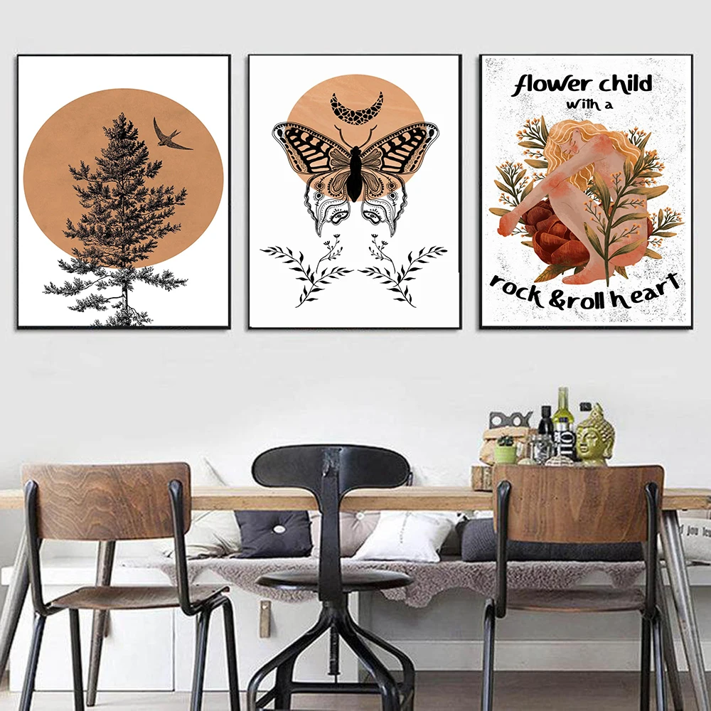 Sun and Moon Evil Eye Mysterious Hand Sunrise Bohemian Poster Nude Female Line Desert Celestial Art Wall Canvas Painting Decor