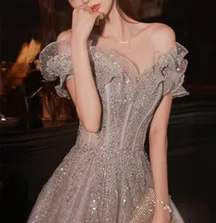 Gorgeous Evening Dresses Strapless Off Shoulder Sequin Beaded Bandage Shiny Slim A-Line Backless Floor-Length Wedding Party Gown