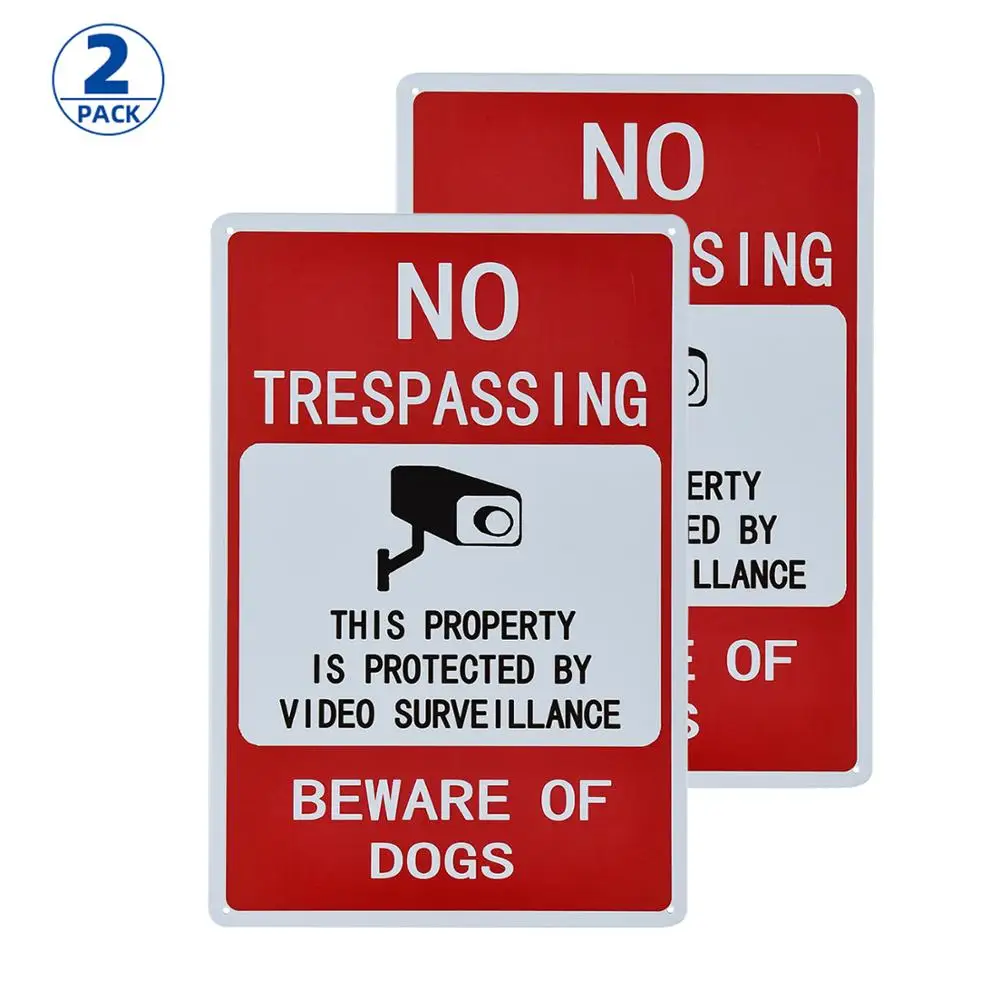 DL-Video Surveillance Sign 2 Pcs No Trespassing Security Alert Metal Sign Warning Beware of dogs sign