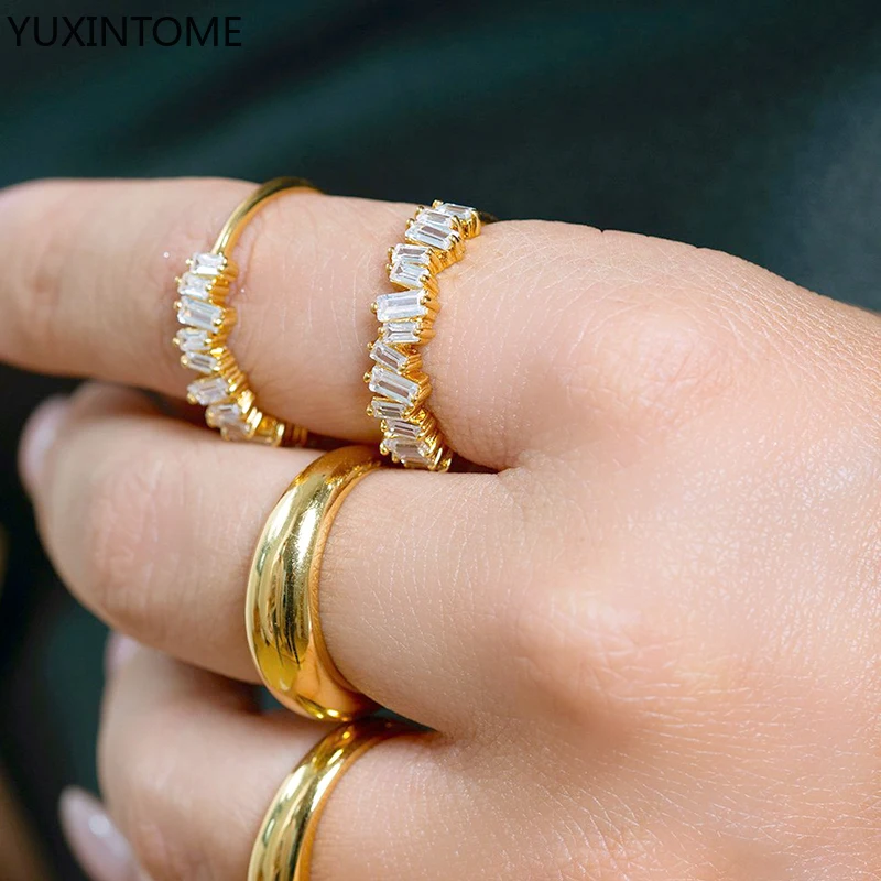 Gold/Silver Plated Delicate Square Cubic Zircon Rings For Women Girls Micro Paved Crystal Ring Fashion Jewelry Gifts