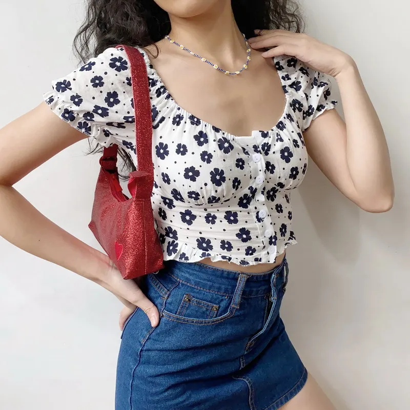 Square Neck Floral Pink Blouse Short Sleeve Crop Top Women Fashion Cropped Bustier Top Summer Vintage Shirt Puff Sleeve Blouses