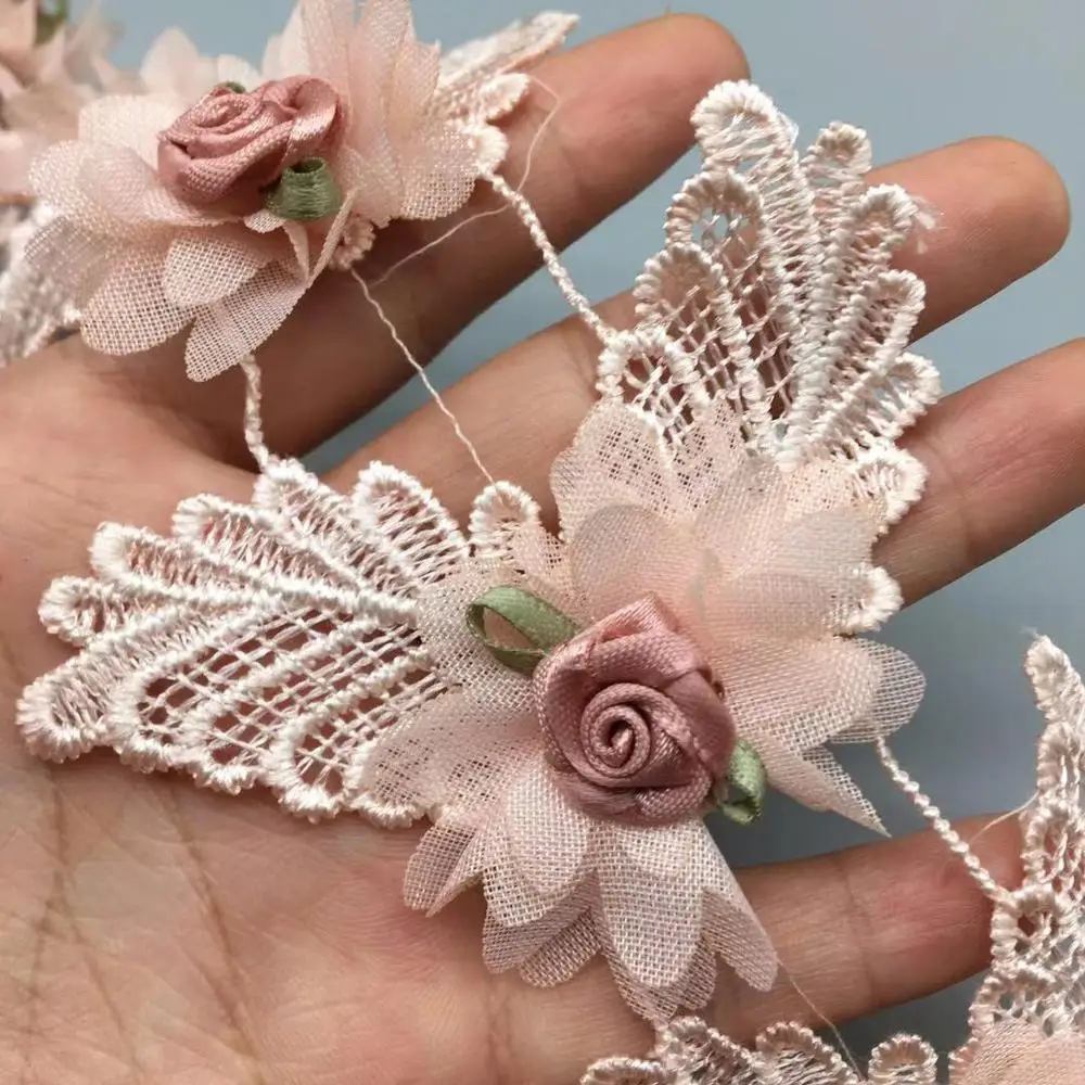 1 yard 3D Flower Pink Lace Dress for Wedding Dress Lace Trim Applique Ribbon Embroidered Fabric Sewing Craft DIY Decoration