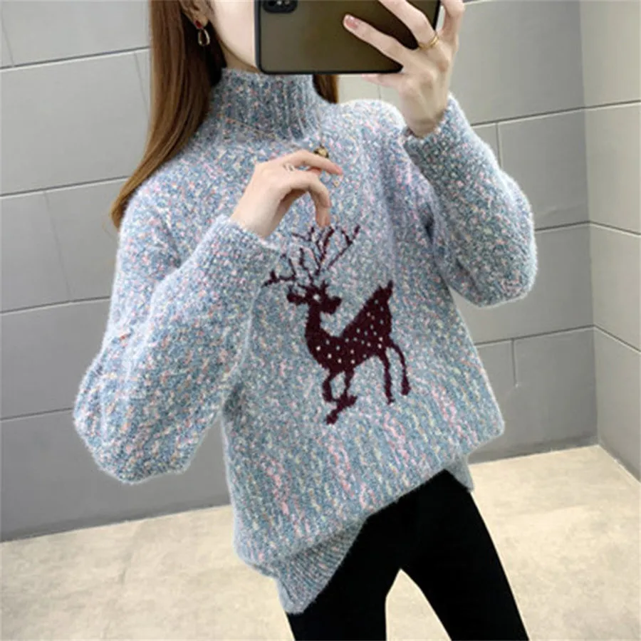 

Christmas Sweater For Women Turtleneck Pullover Winter Warm Long Sleeve Ladies Xmas Outfits Snowflakes Deer New Year Clothing