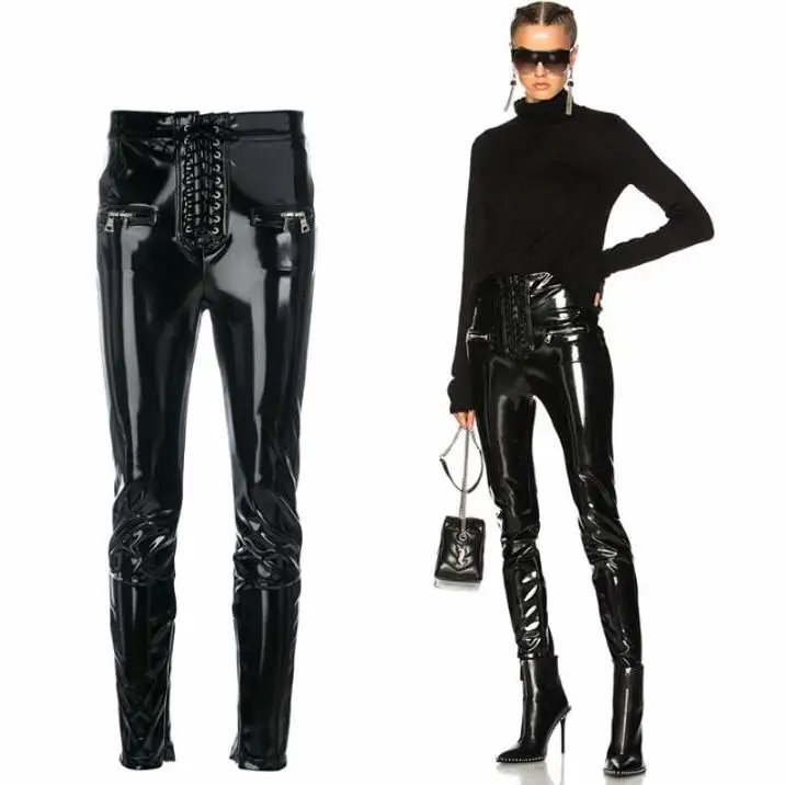 

Free shipping New tide patent Punk high waist shiny PU leather tight-fitting pants button zipper Women pencil pant