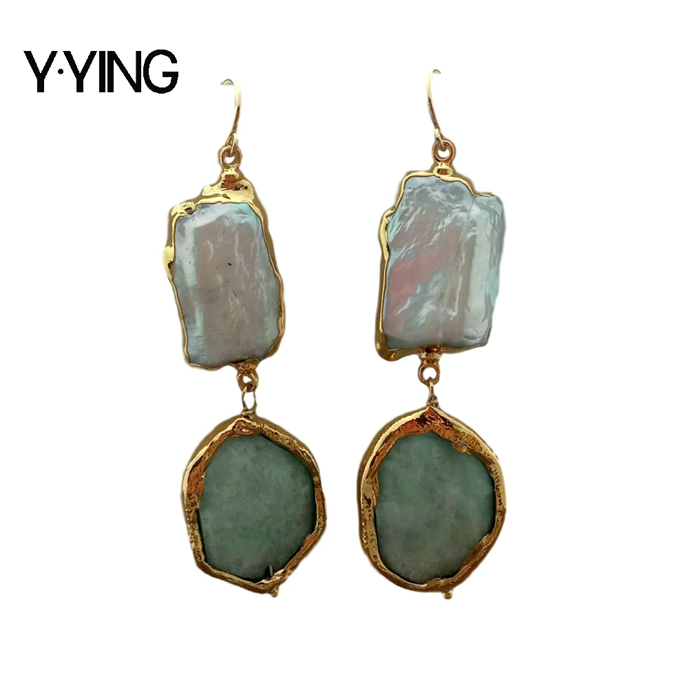 

Y·YINGl white Biwa freshwater Pearl rectangle Amazonite Gold color Plated Hook Earrings dangle for women cute