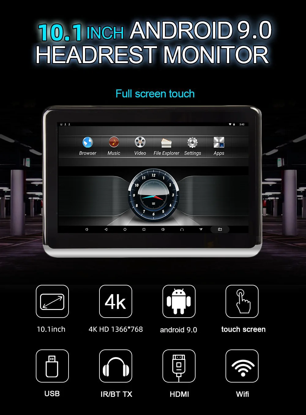 10,1 inch Auto Hoofdsteunmonitor Android 9.0 Videospeler 4K HD 1080P Ondersteunt WIFI/HDMI/USB/TF/BT RAM 1GB/16GB APP Download