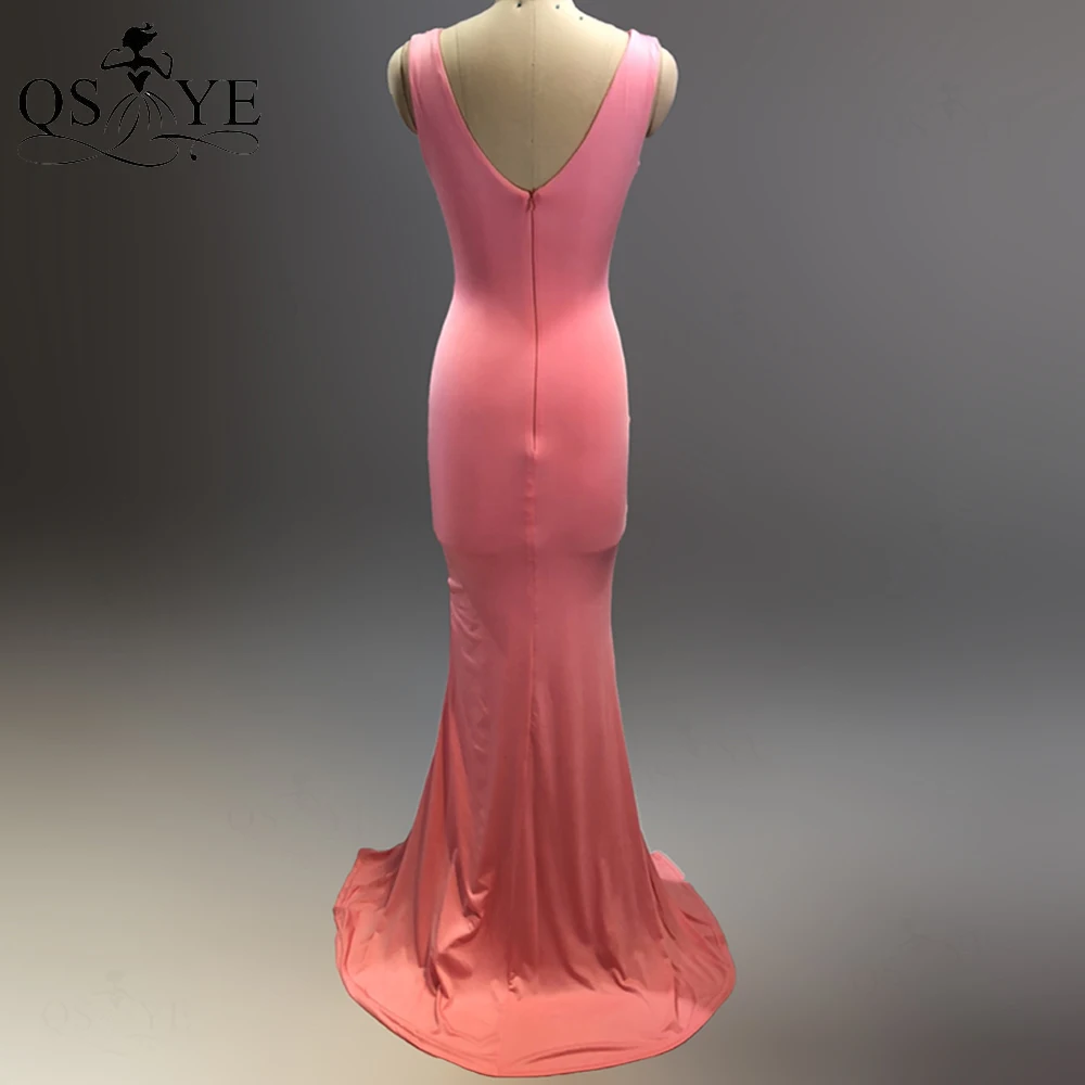 Blush Pink Prom Dresses Elastic Beaded Evening Dress Mermaid Spandex Party Gowns Sexy Split V Neck Ruched Long Formal Dress 2021