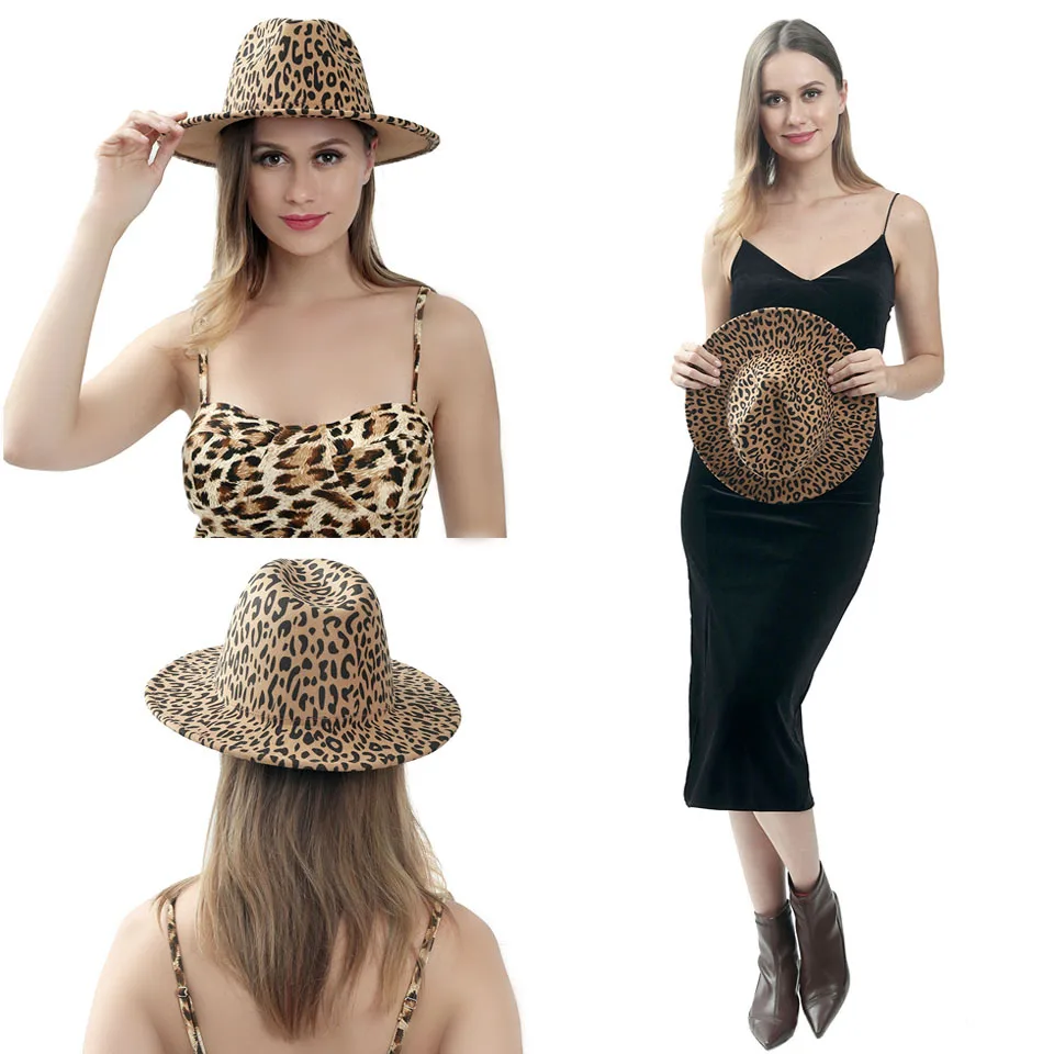 2020 winter fedora hats for women fashion Flat wide Brim Panama Wool Felt Jazz Fedora Hats for men Leopard goth top wedding Hat