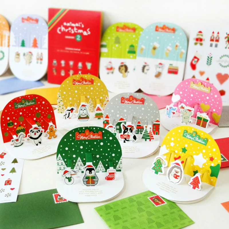 22pcs/set 3D Pop Up Christmas Greeting Cards Boxed Envelope Sticker Post Card Cute Cartoon Merry Christmas Xmas Gift Decoration