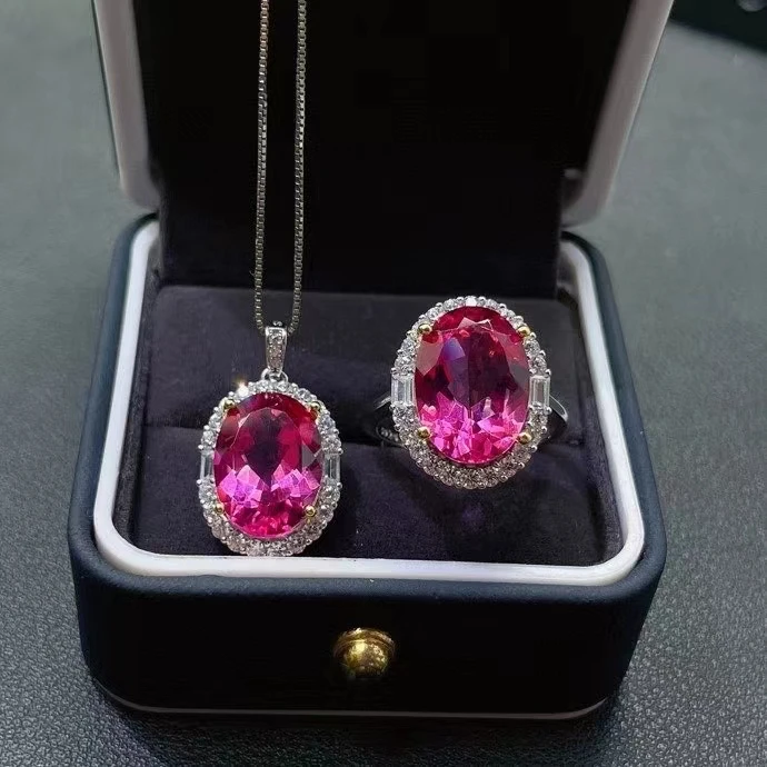 

Big Size Pink Topaz Ring and Necklace Jewelry Set Real 925 Sterling Silver Natural Gem Girl Party Birthday Present