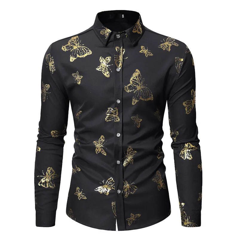 

Gold Butterfly Bronzing Nightclub Shirt Men 2021 New Slim Fit Long Sleeve Dress Shirt Mens Party Wedding Prom Shirts Male Camisa