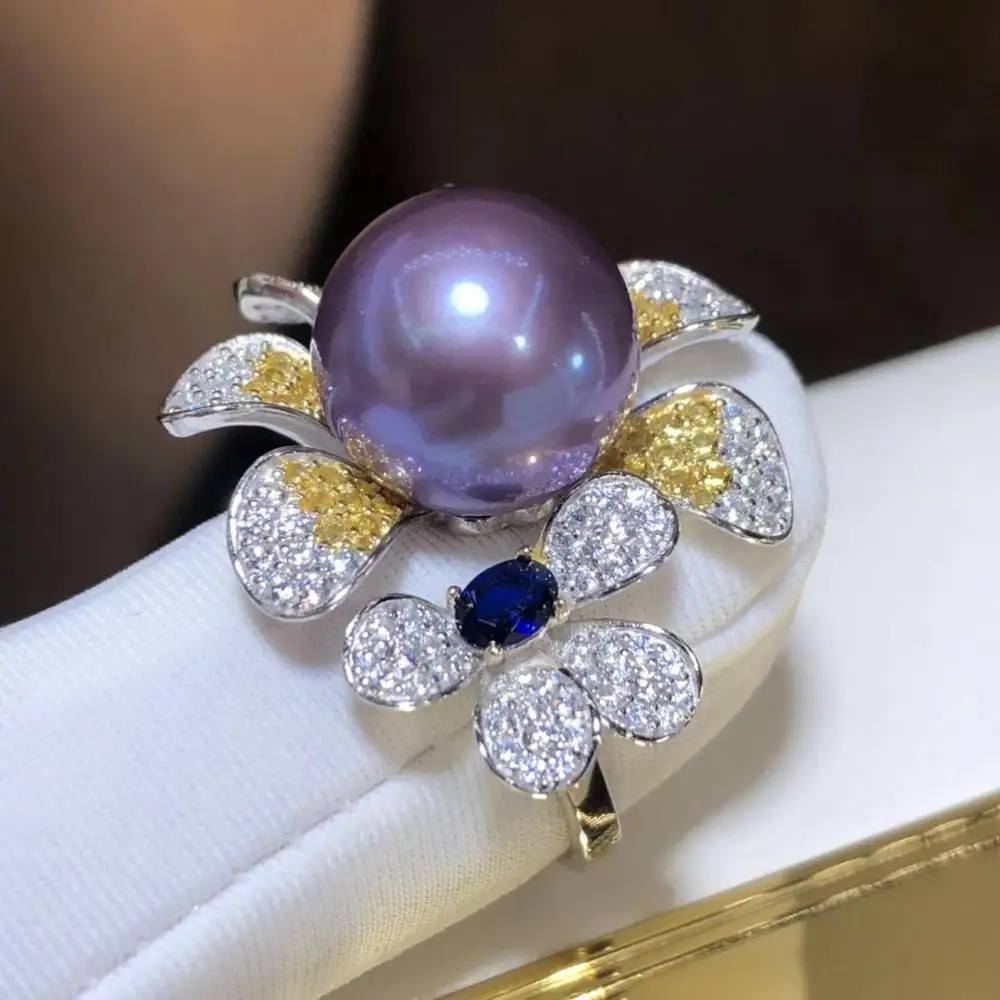 

D403 Pearl Ring Fine Jewelry 925 Sterling Silver Natural 11-12mm Fresh Water Round Purple Pearl Rings for Women Presents