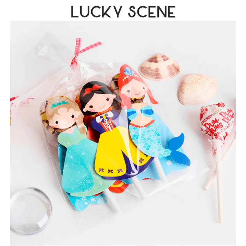 12Pcs DIY Lollipop Decoration Princess Party Decor Lollipop Card Kindergarten Party Favors Birthday Mermaid Decoration S00556