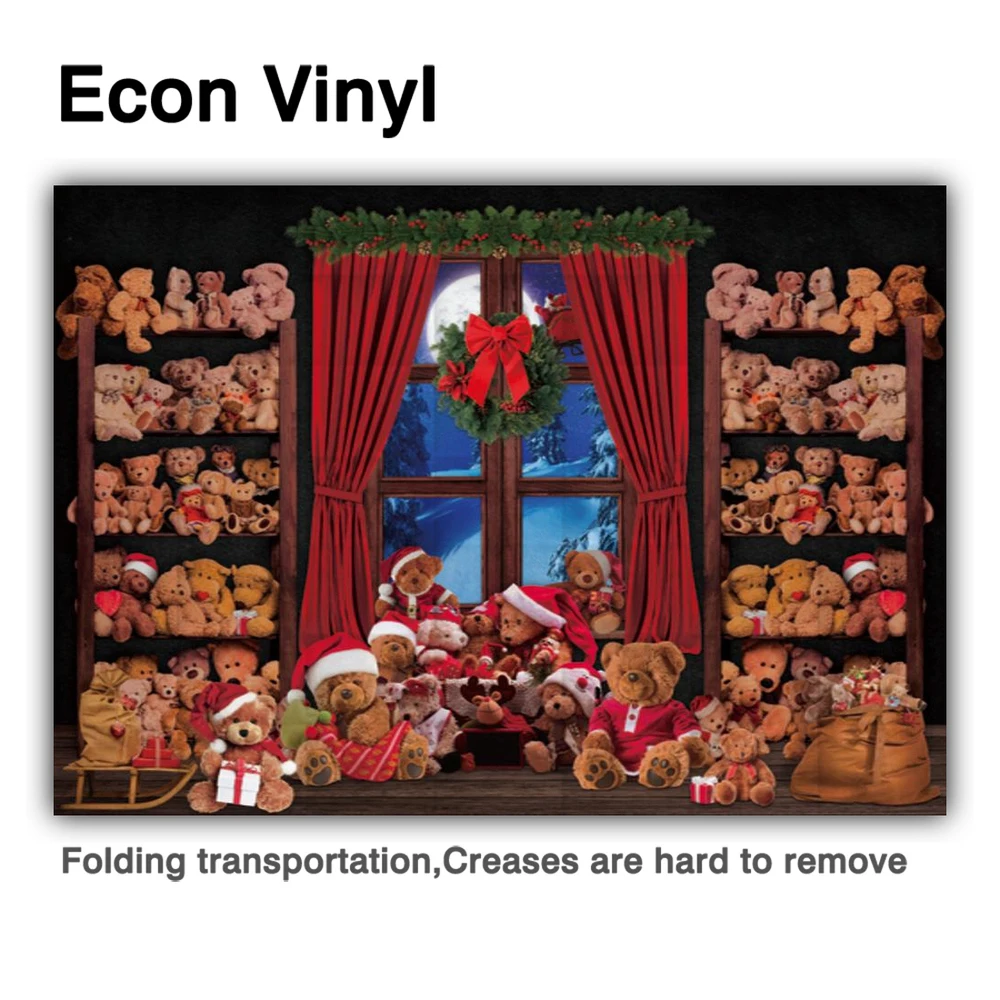 Allenjoy Christmas Party ฉากหลังของเล่นหมีผ้าม่านฤดูหนาวพวงหรีด Bowknot Santa หมวกหิมะทิวทัศน์ Windows Photocall พื้นหลัง