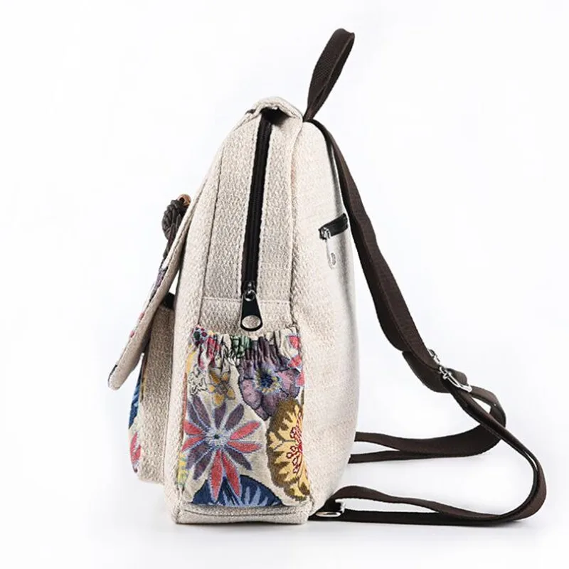 Cotton Linen Vintage Backpack for Women Ethnic Style Top Handle Rucksacks Female Lightweight Travel Bags Girls Cute Schoolbag