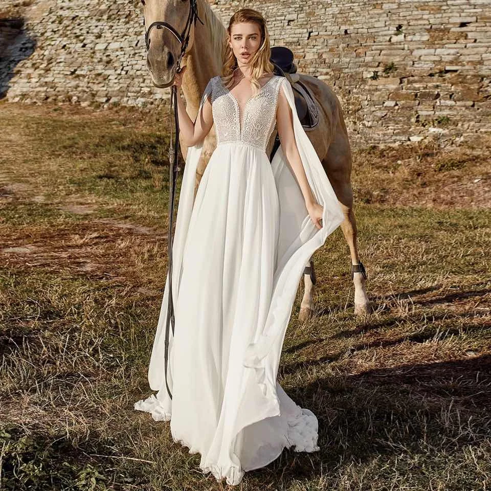 Vestido De Novia largo De gasa con cuello en V para mujer, con capa traje De Novia, línea A, encaje Civil, Espalda descubierta, tren De barrido, 2024