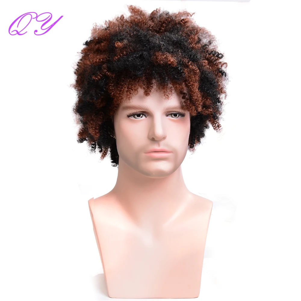 Synthetic Wigs For Men Black Ombre Brown Color Short Natural Afro Kinky Curly Male Wig Daily Or Party Soft Adjustable Size Hair