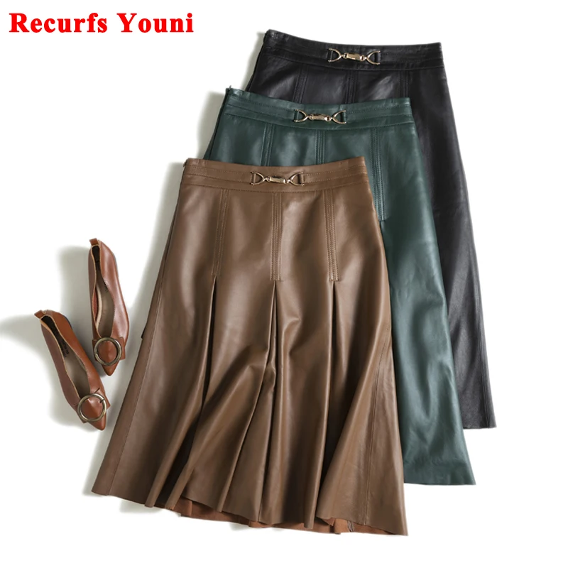 

Literary Retro Leather Skirts Women Female 3D Metal Tailoring High Waist Mid Long Sheepskin Green Pleated Jupe Falda De Mujer