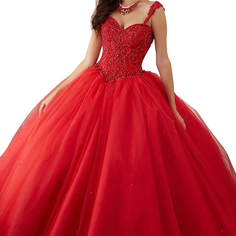 Vestido de baile de tul rojo, traje largo de encaje con lentejuelas para quinceañera, 2023