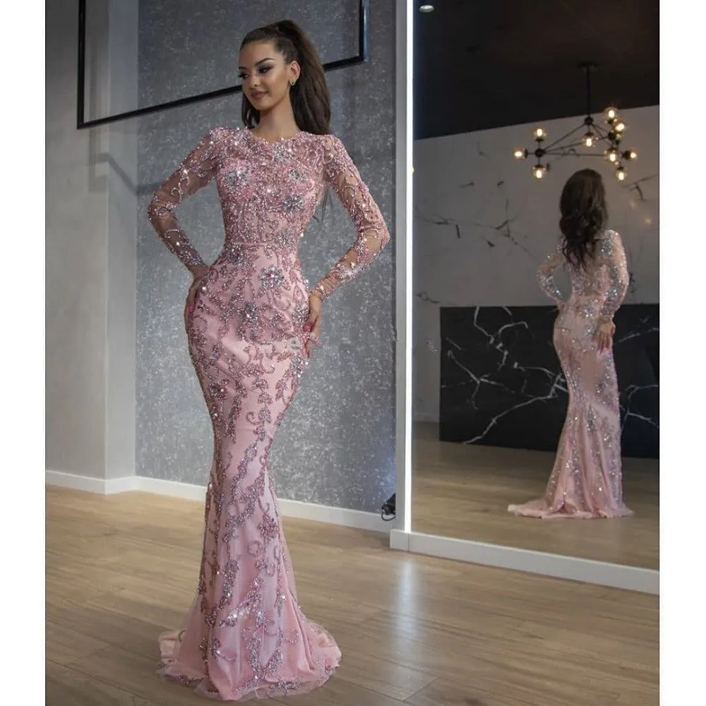 Arabia Pink Mermaid Evening Dresses with Detachable Train Crystal Beading Long Sleeves Prom Gowns Luxury robes de soirée