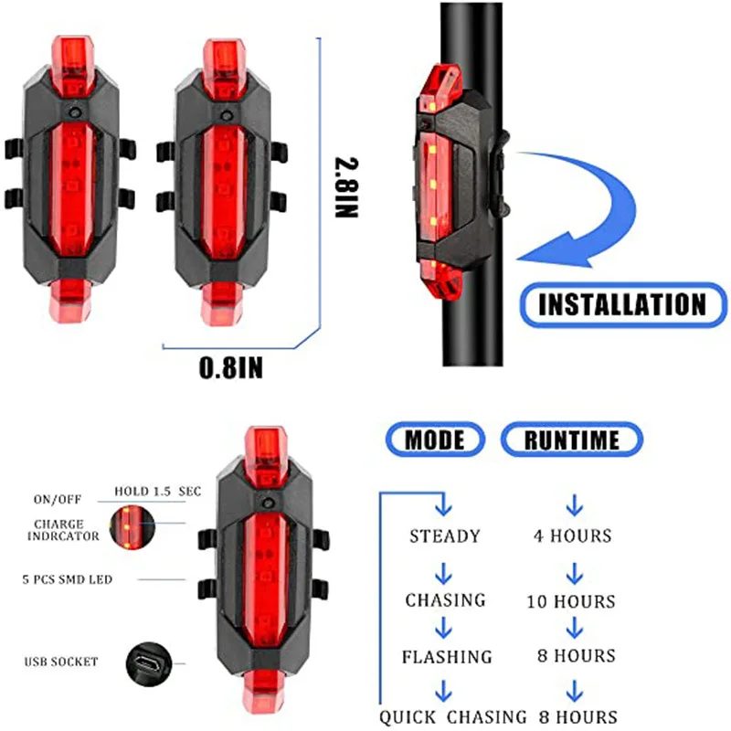 USB Rechargeable Bike Light 5LED Front Back Rear Tail Lights Cycling Safety Warning Light Waterproof Bicycle Lamp Flashlight