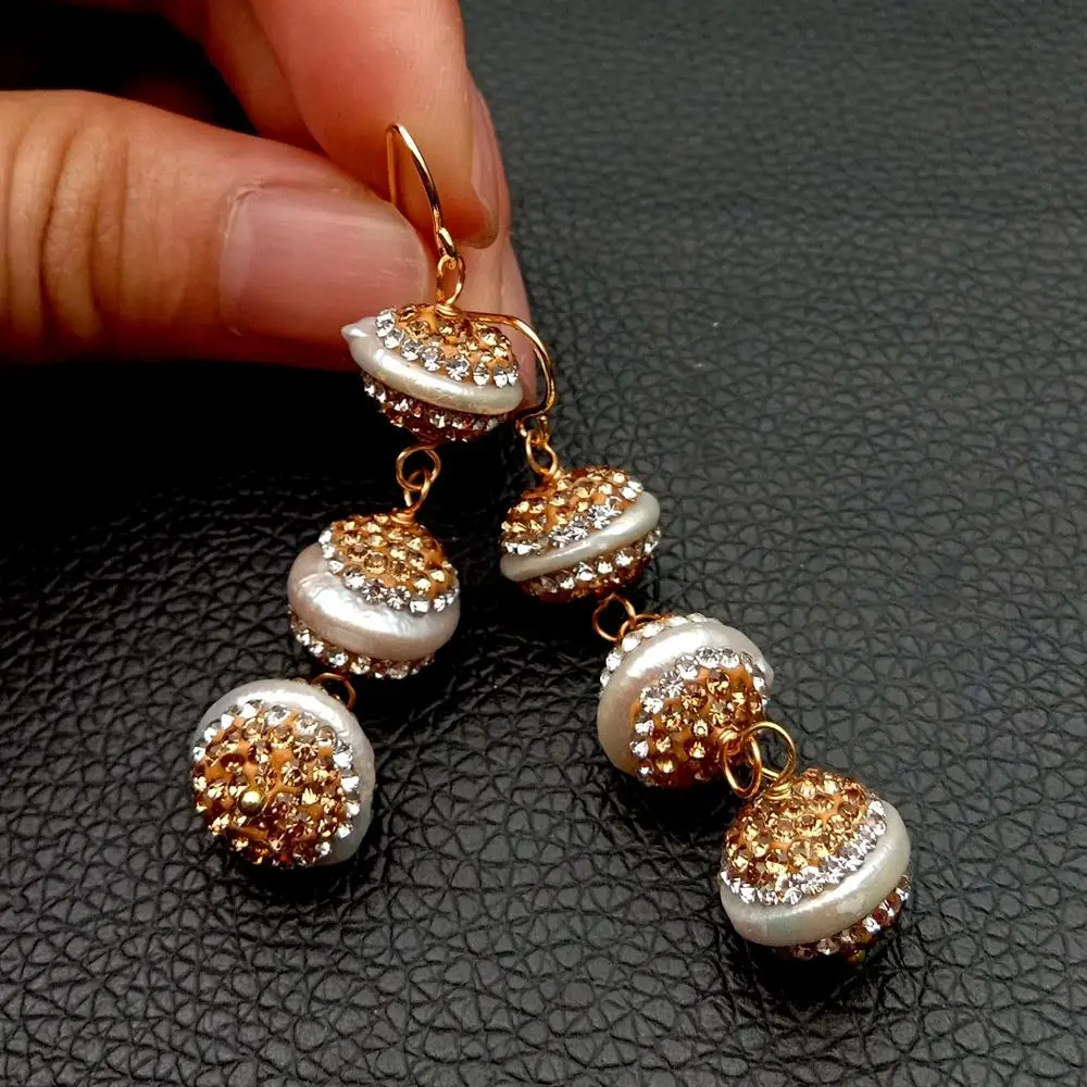 Freshwater White Flat Coin Pearl Cubic Zirconia mirco pave Dangle Hook Earrings handmade individual earrings for women