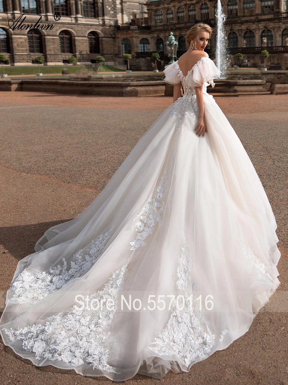 Alonlivn Beading 3D Floral Prints A-Line Wedding Gowns V-Neck Puffy Sleeves Delicate Bridal Dresses