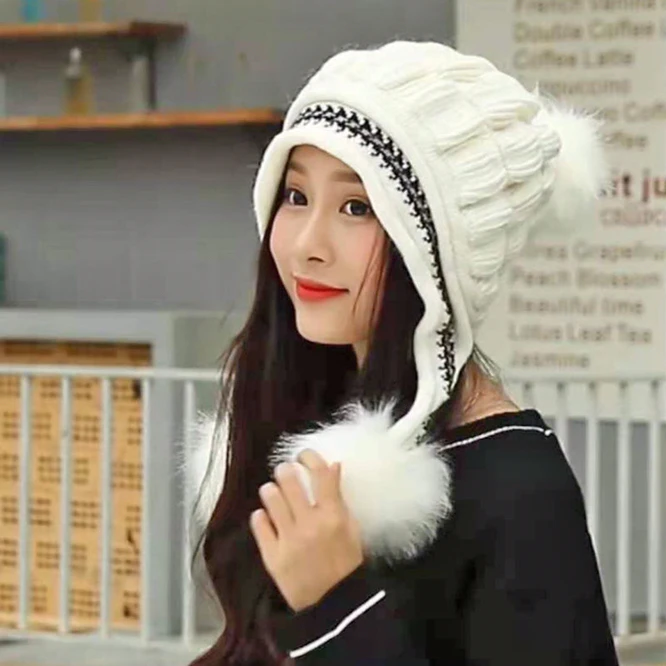 Winter Ear Protection Knitted Hat Women Fashion Plush Thickened Girl Outdoor Hat Warm  Ball Bubble Fluffy hat White