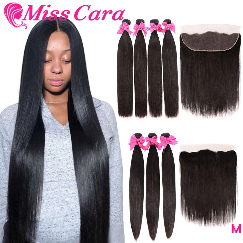 

Brazilian Straight Hair Bundles With Frontal Closure 100% Human Hair 3/4 Bundles With Frontal Miss Cara Remy Hair With Closure