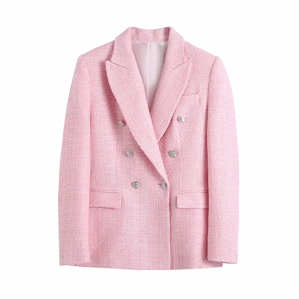 XEASY 2021 Women Two-piece Set Pink Tweed Vintage Office  lady Double Breasted Blazer Female Slim High Waist Culottes Skirt Suit