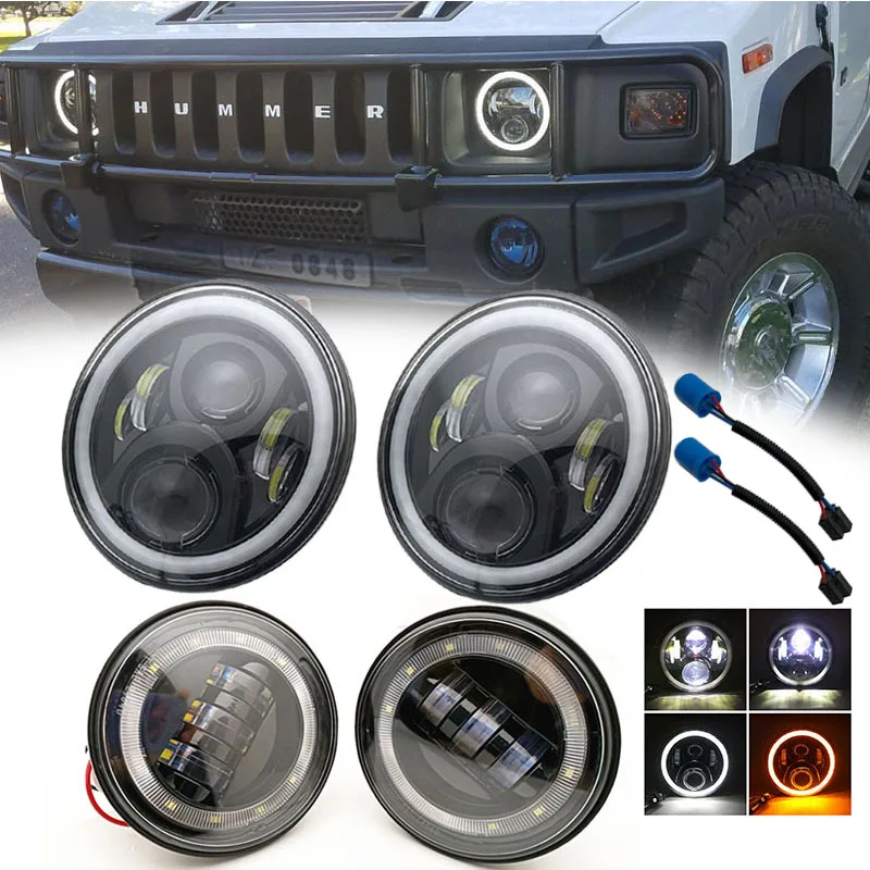 

2pc 7" Led Headlight fog light For Jeep Wrangler DRL Turn Signal Halo Headlights For Hummer H2 2003-2009 With 9007 H4 Adapter