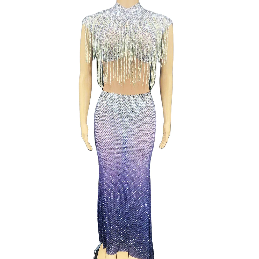 Gauze Perspective Shining Women Rhinestones Decoration Fringe Dresses Long Trailing Half High Collar Sleeveless Performance