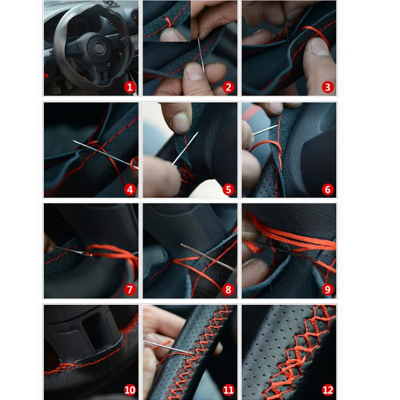 PU Leather Car Steering Wheel Cover with Needles Thread DIY Braid 36-40cm Braiding Cover for Steering Wheel