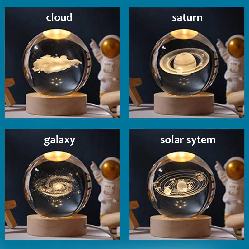 Crystal ball Crystal Astronaut Planet Globe 3D Laser Engraved Solar System Ball with Touch Switch LED Light Base Astronomy Gift