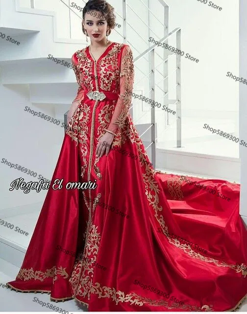 Applique Caftan vermelho com trem destacável, manga comprida, vestes Kaftan frisadas, vestido de casamento árabe e turco, vestidos de luxo, 2024