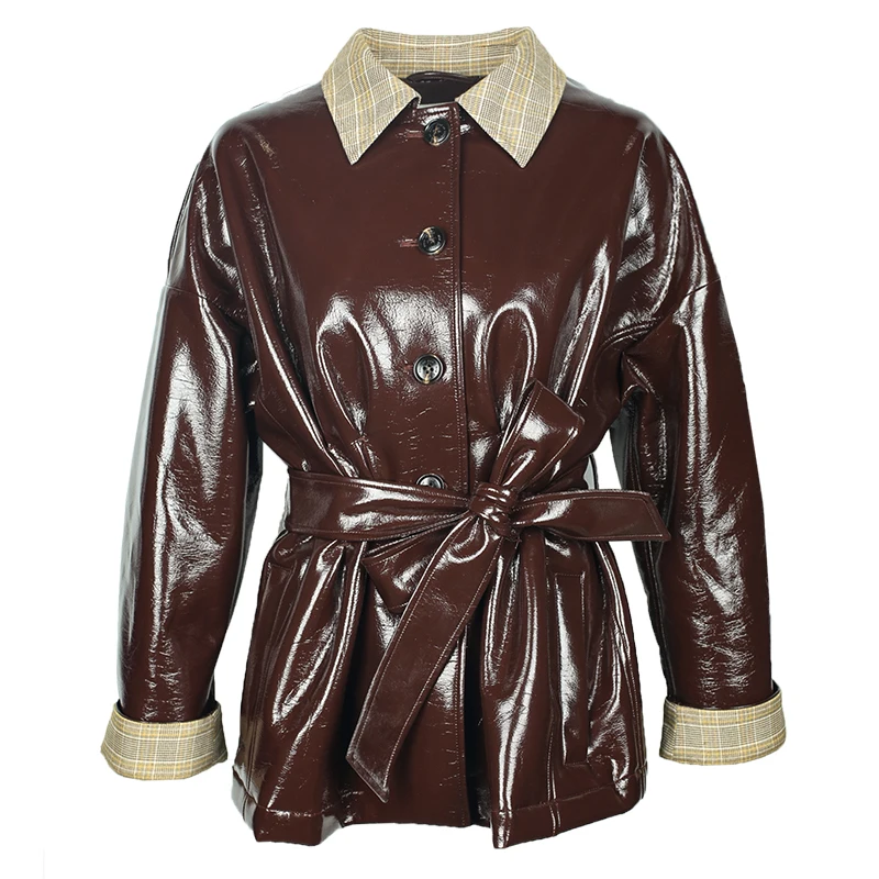 Glossy patent leather jackets female plaid pattern stitching single breasted was thin shiny leather jackets with belt  F49