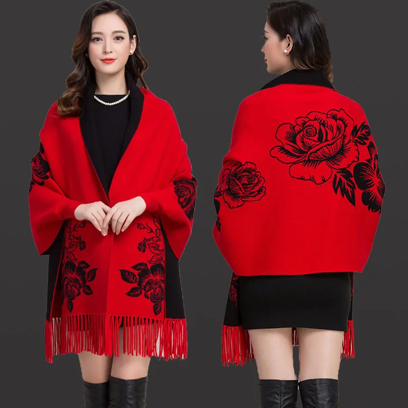 Women Long Batwing Sleeves Cape Outstreet Wear Winter Knitted Printed Floral Warm Poncho Vintage Tassel Knitwear Shawl Overcoat