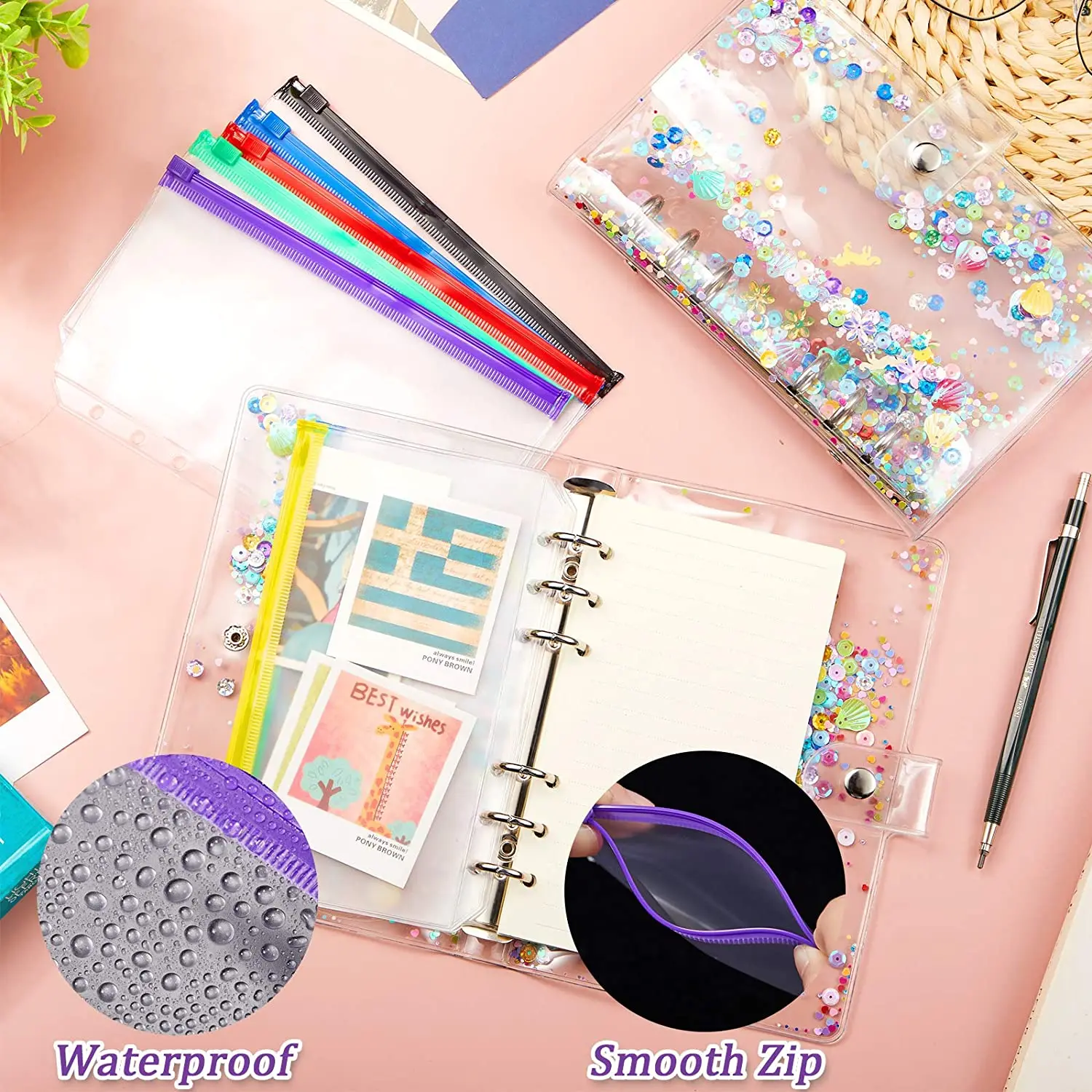 A6 PVC Transparent Binder Cover 6-Ring Loose-Leaf Folder Cash Budget Envelope System with 6 PCS Pockets And A Label Sticker