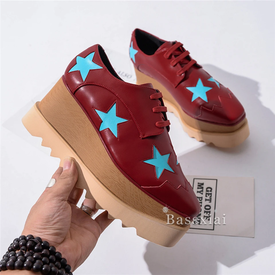 British Style Five-Pointed Star Casual Shoes Woman Little Square Toe Lace-Up High Increasing Flat Platform Women Shoes