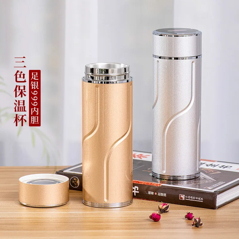 

Silver cup 999 sterling silver liner snowflake silver high-end gift tea cup water cup genuine silver vacuum flask