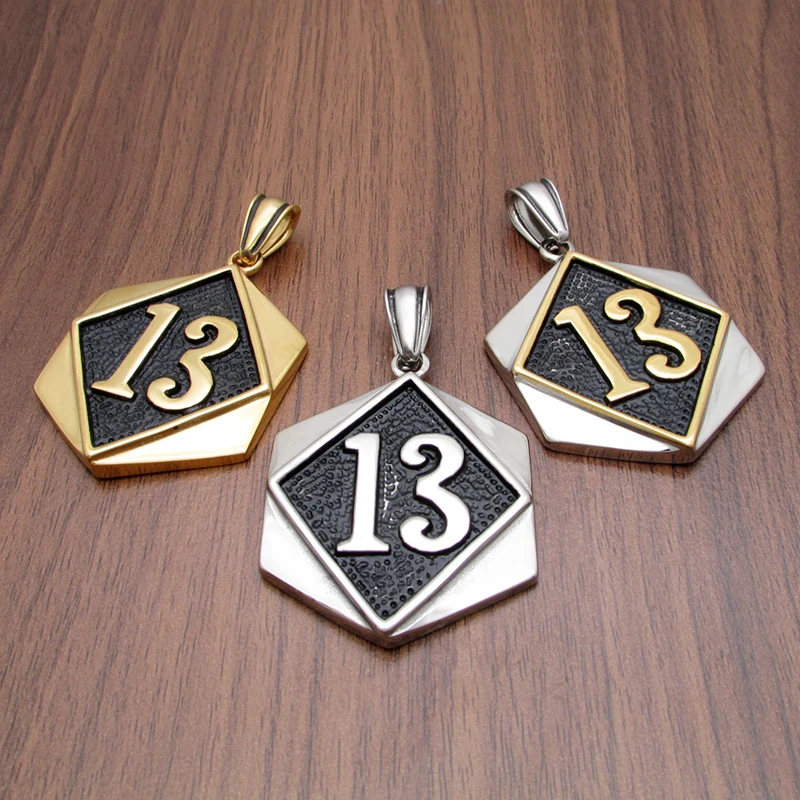 Punk 316L Stainless Steel Silver Color Number Gold Plated 13 Biker Pendant Rope Link Chain Jewelry