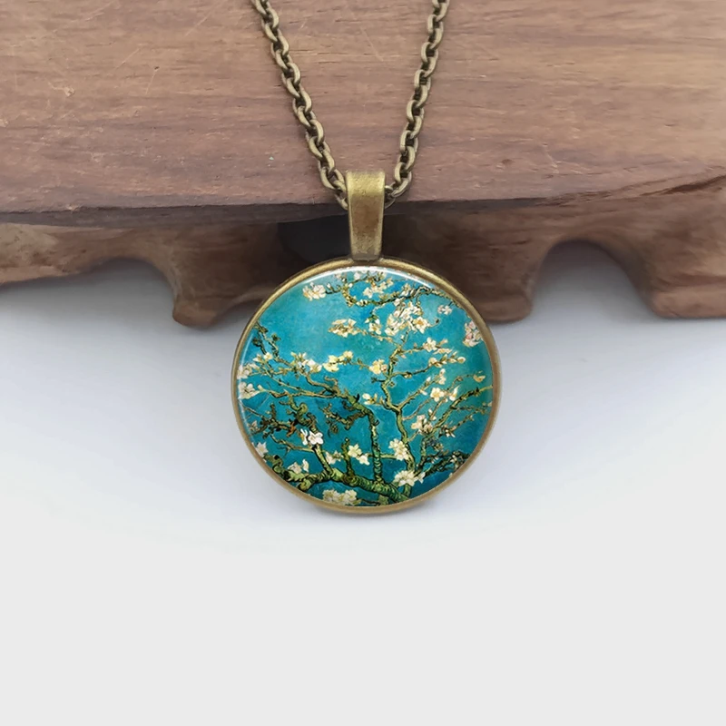 New Fashion Van Gogh Sunflower Starry Night Glass Cabochon Pendant Statement Necklaces Jewelry Handmade Gifts for Men Ms