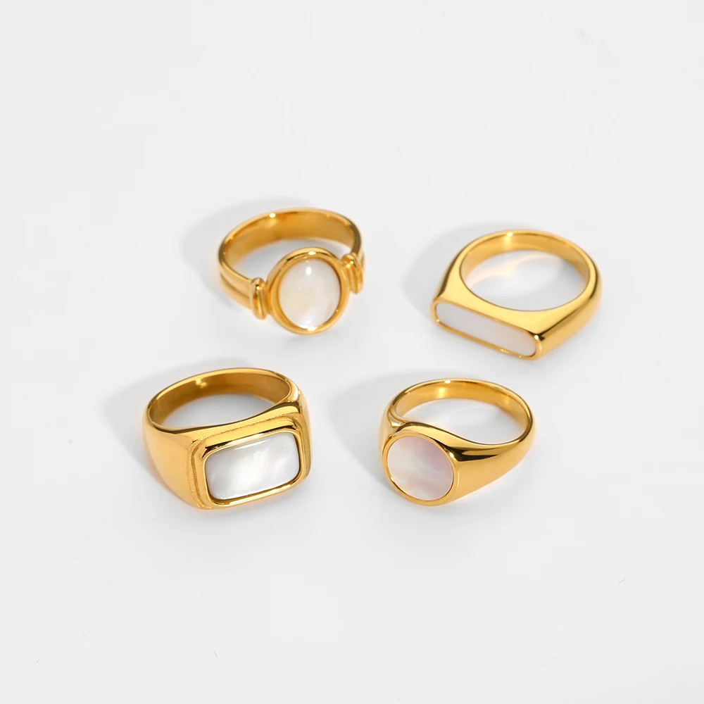 Trendy 18K Gold Plated Stainless Steel Natural Shell Block Rings for Women Square Ring Waterproof Jewelry Bijoux Femme Gift