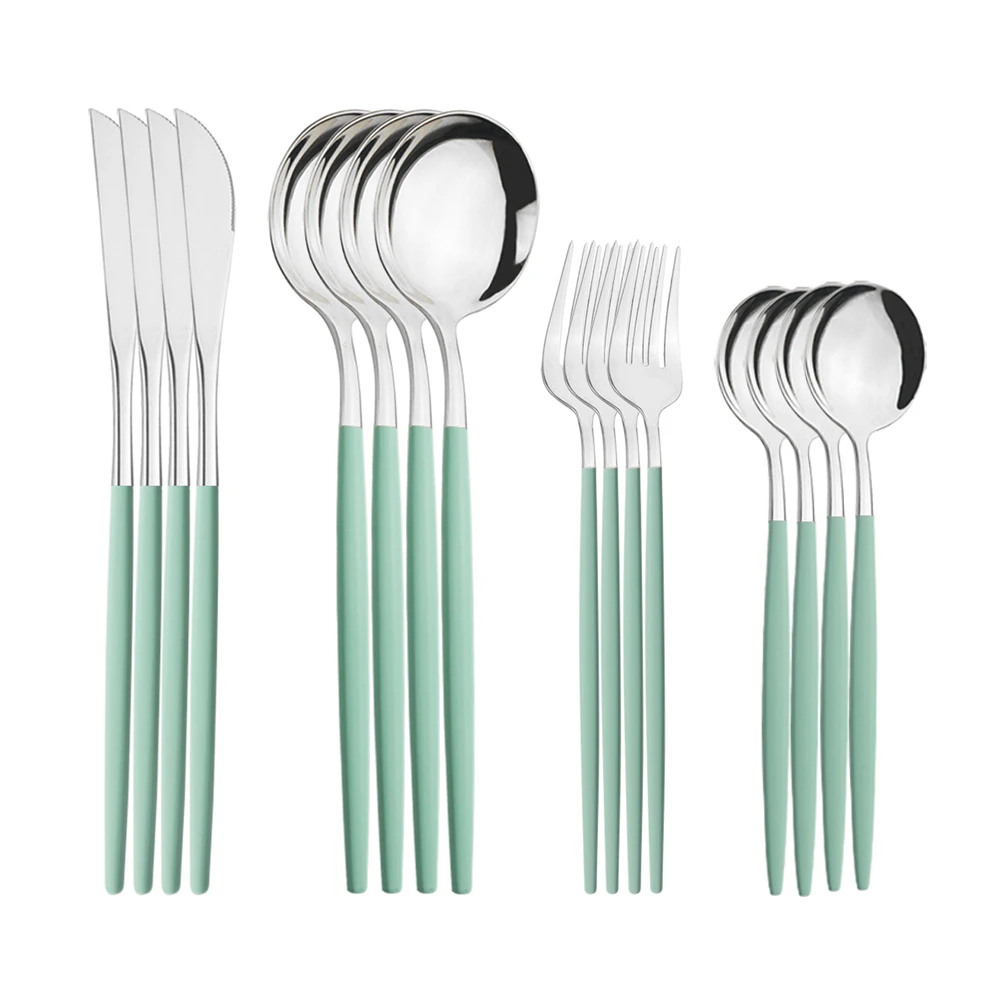 16pcs Stainless Steel Set Flatware Dinnerware Cutlery Mint Green Knives Fork Dessert Spoon Home Silverware Kitchen Tableware Set