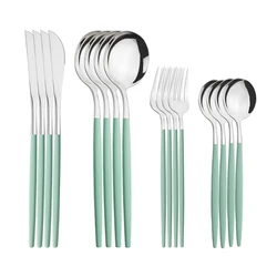 16pcs Stainless Steel Set Flatware Dinnerware Cutlery Mint Green Knives Fork Dessert Spoon Home Silverware Kitchen Tableware Set