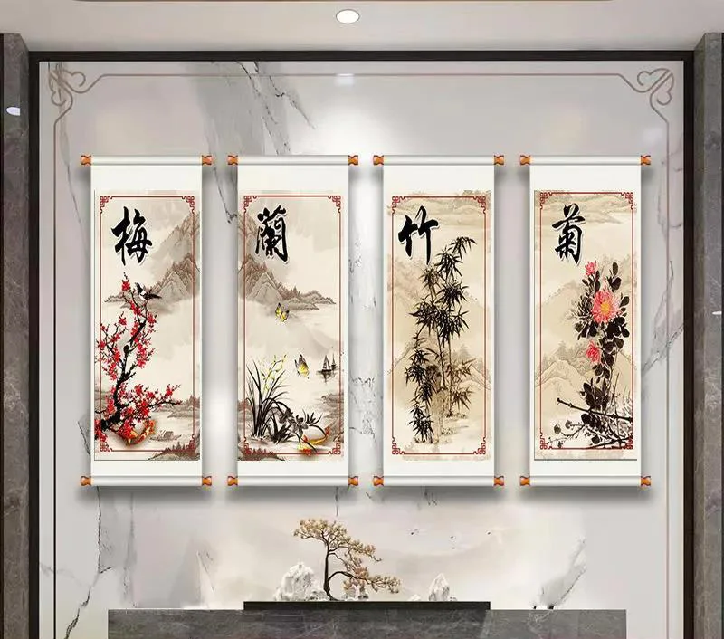 4pcs Chinese Plum Orchid Bamboo Chrysanthemum Wall Art Canvas Painting Posters Living Room Home Decor Scroll Hanging Painting